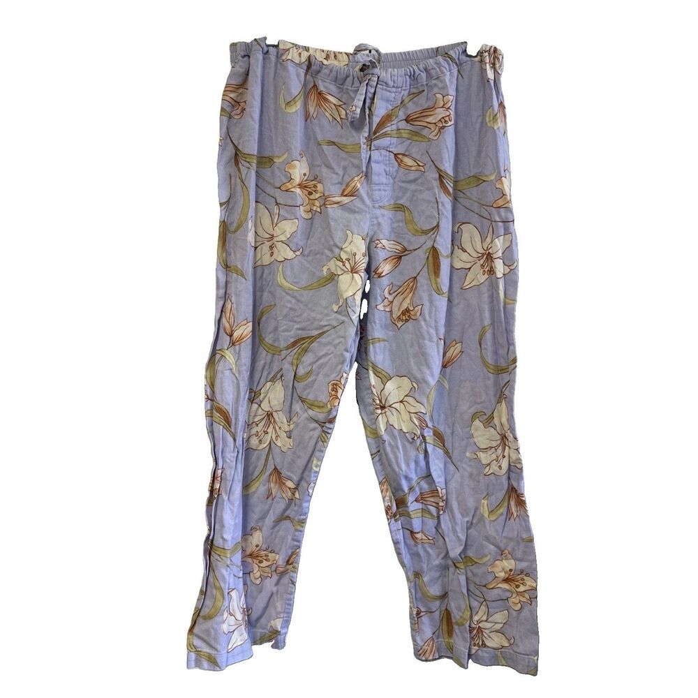 Women Purple Floral Sleep Pants M Lilac Floral Adjust Drawstring Button Cotton